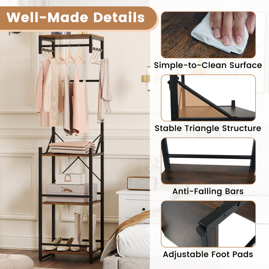 Freestanding Coat Rack with 4 Shelves and 6 Hooks - Rustic Brown