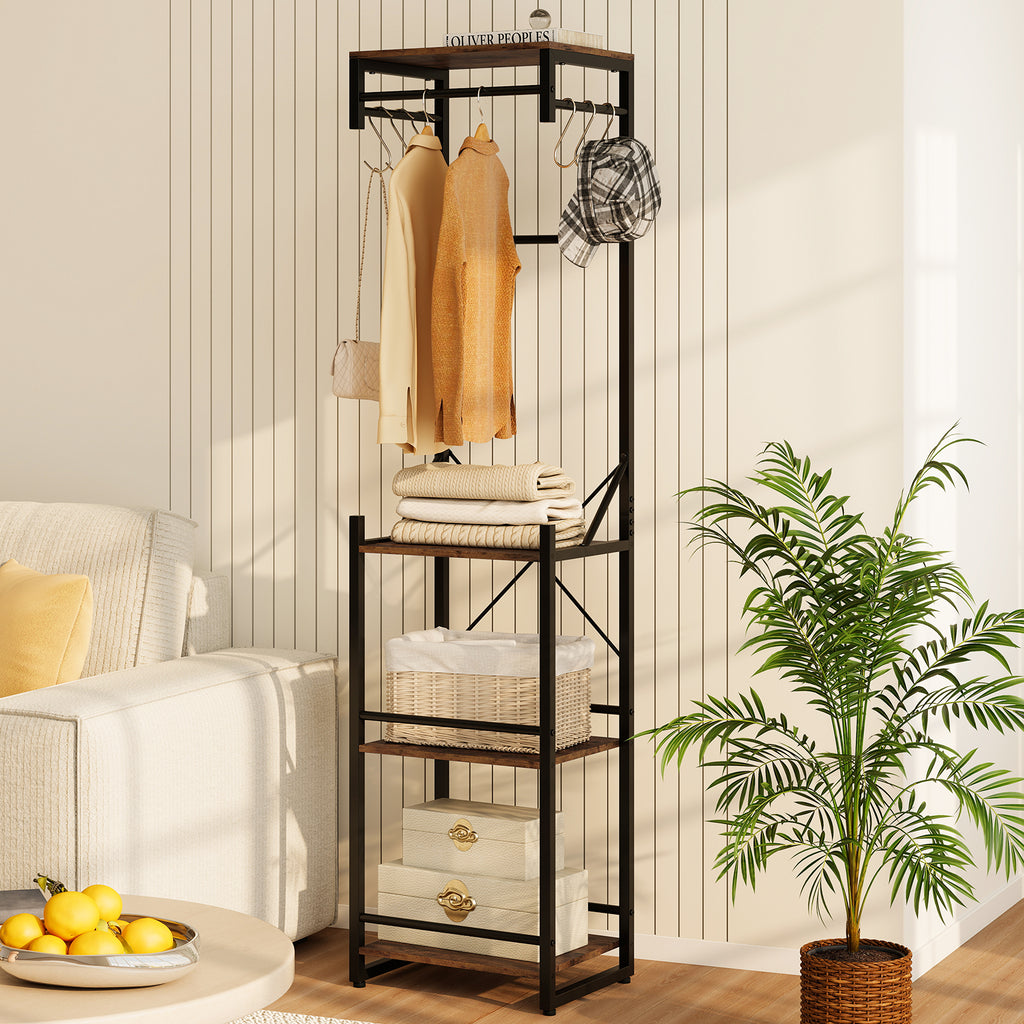 Freestanding Coat Rack with 4 Shelves and 6 Hooks - Rustic Brown