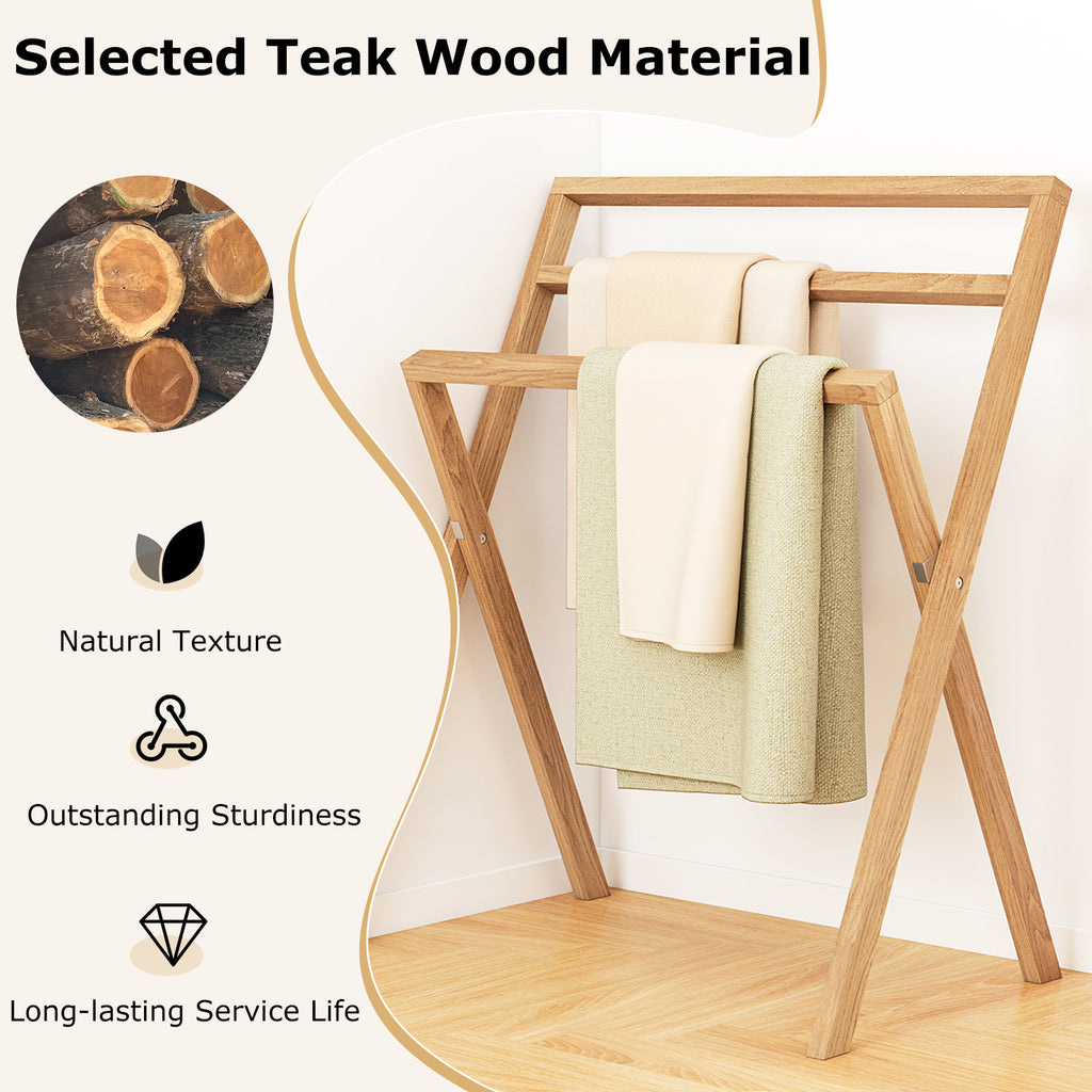 Freestanding Foldable Teak Wood Towel Rack with 3 Hanging Crossbars
