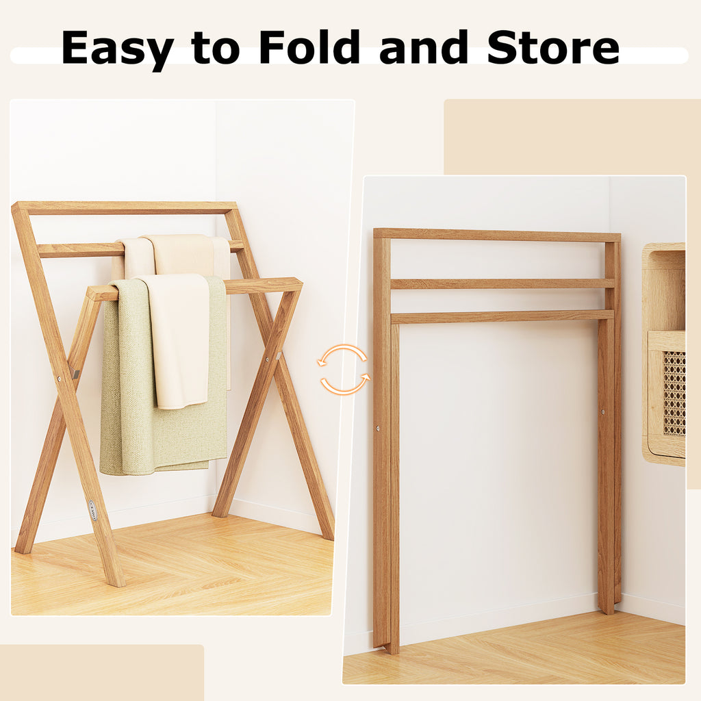 Freestanding Foldable Teak Wood Towel Rack with 3 Hanging Crossbars