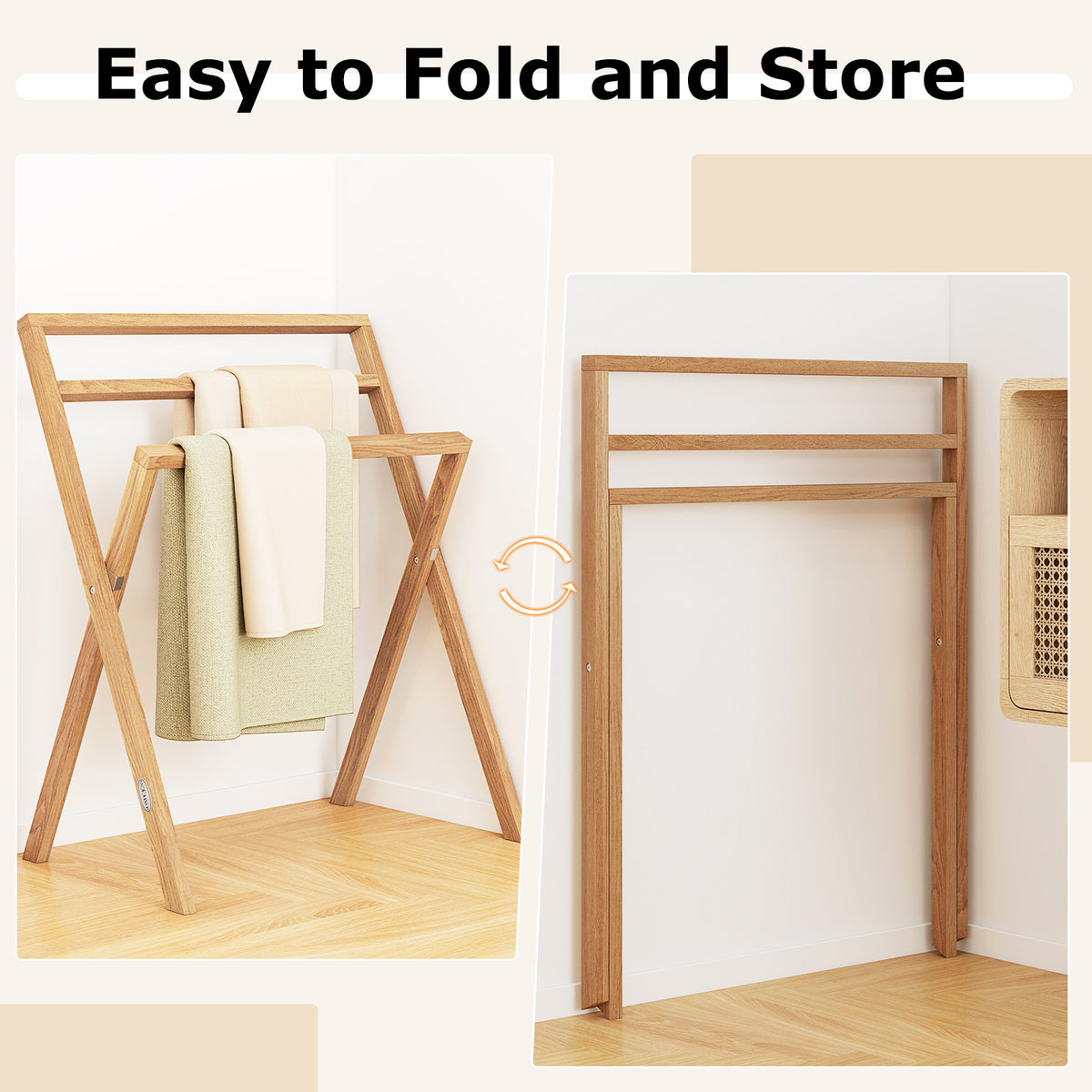 Freestanding Foldable Teak Wood Towel Rack with 3 Hanging Crossbars