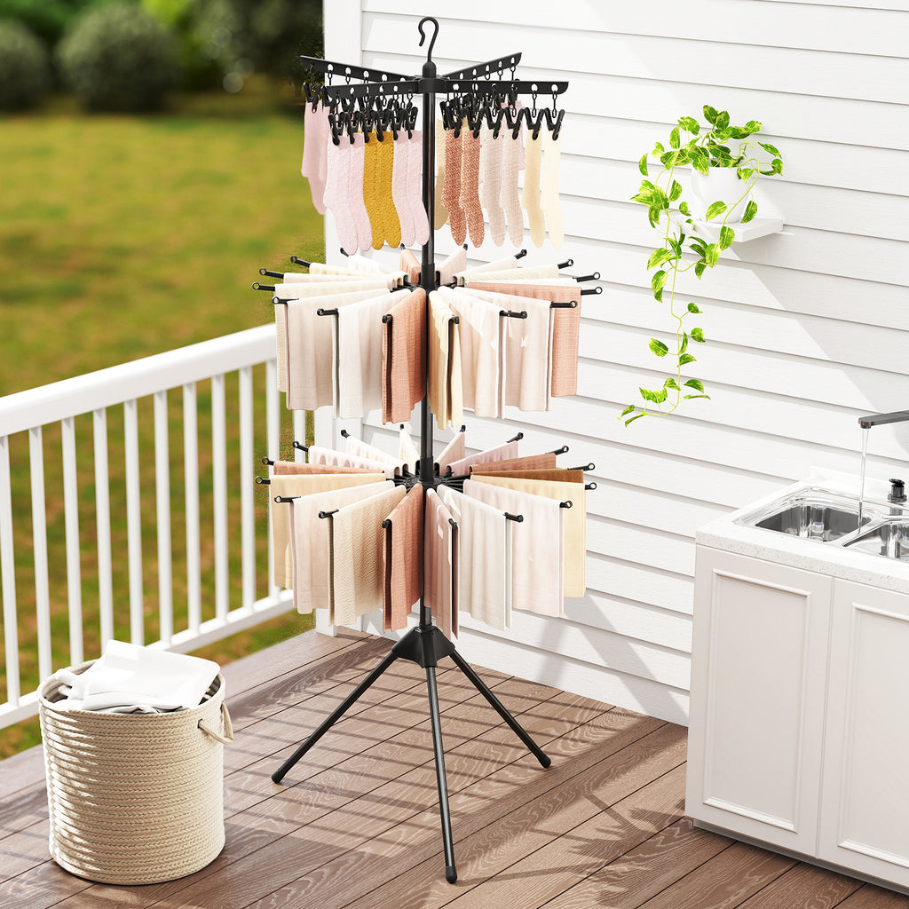 3-Tier Clothes Drying Rack with 24 Clips - Detachable Top, Black