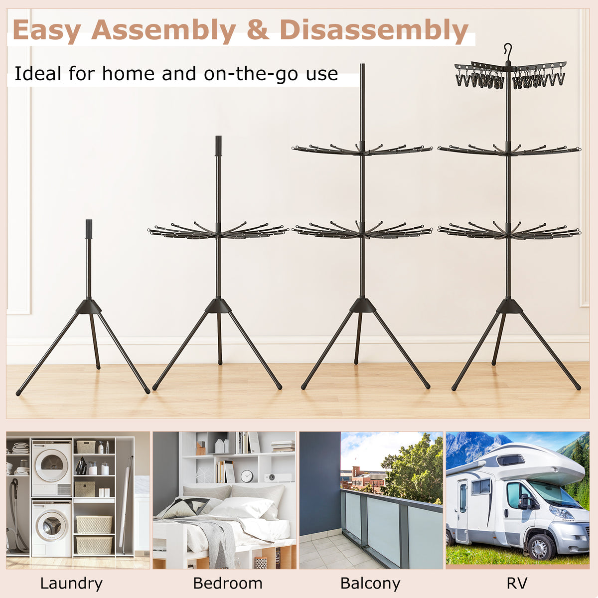 3-Tier Clothes Drying Rack with 24 Clips - Detachable Top, Black