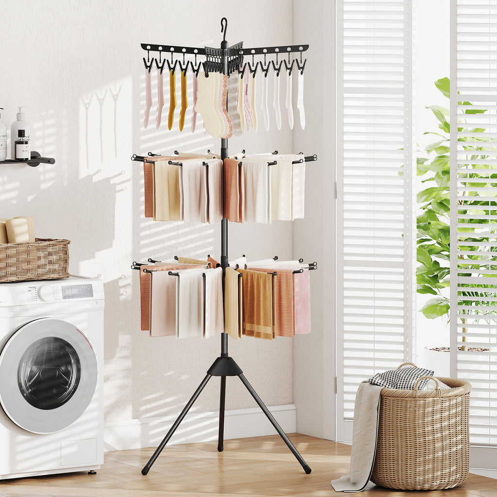 3-Tier Clothes Drying Rack with 24 Clips - Detachable Top, Black
