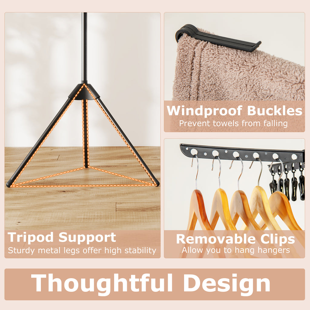 3-Tier Clothes Drying Rack with 24 Clips - Detachable Top, Black