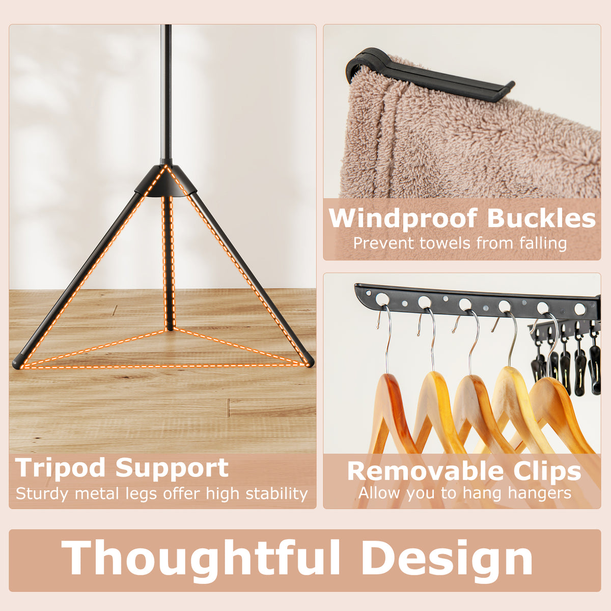3-Tier Clothes Drying Rack with 24 Clips - Detachable Top, Black