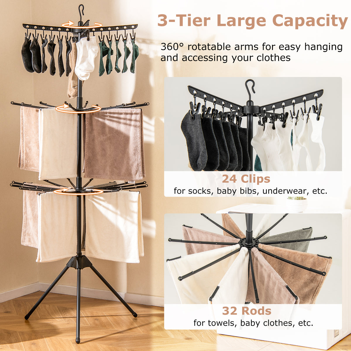 3-Tier Clothes Drying Rack with 24 Clips - Detachable Top, Black