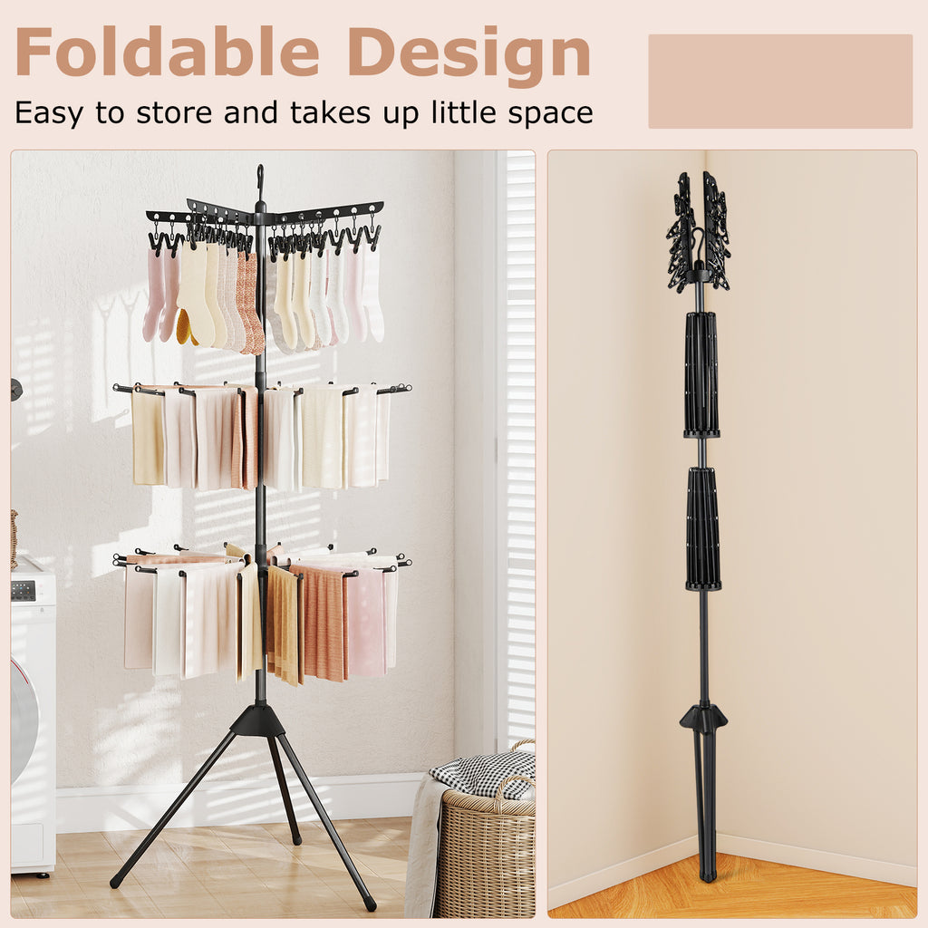 3-Tier Clothes Drying Rack with 24 Clips - Detachable Top, Black