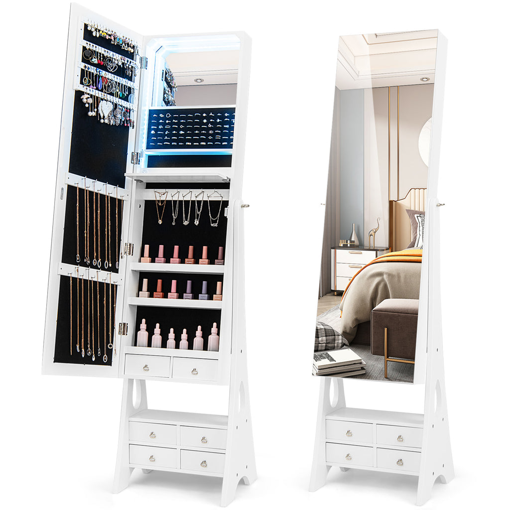 LED Jewelry Armoire with Mirror & Drawers – White