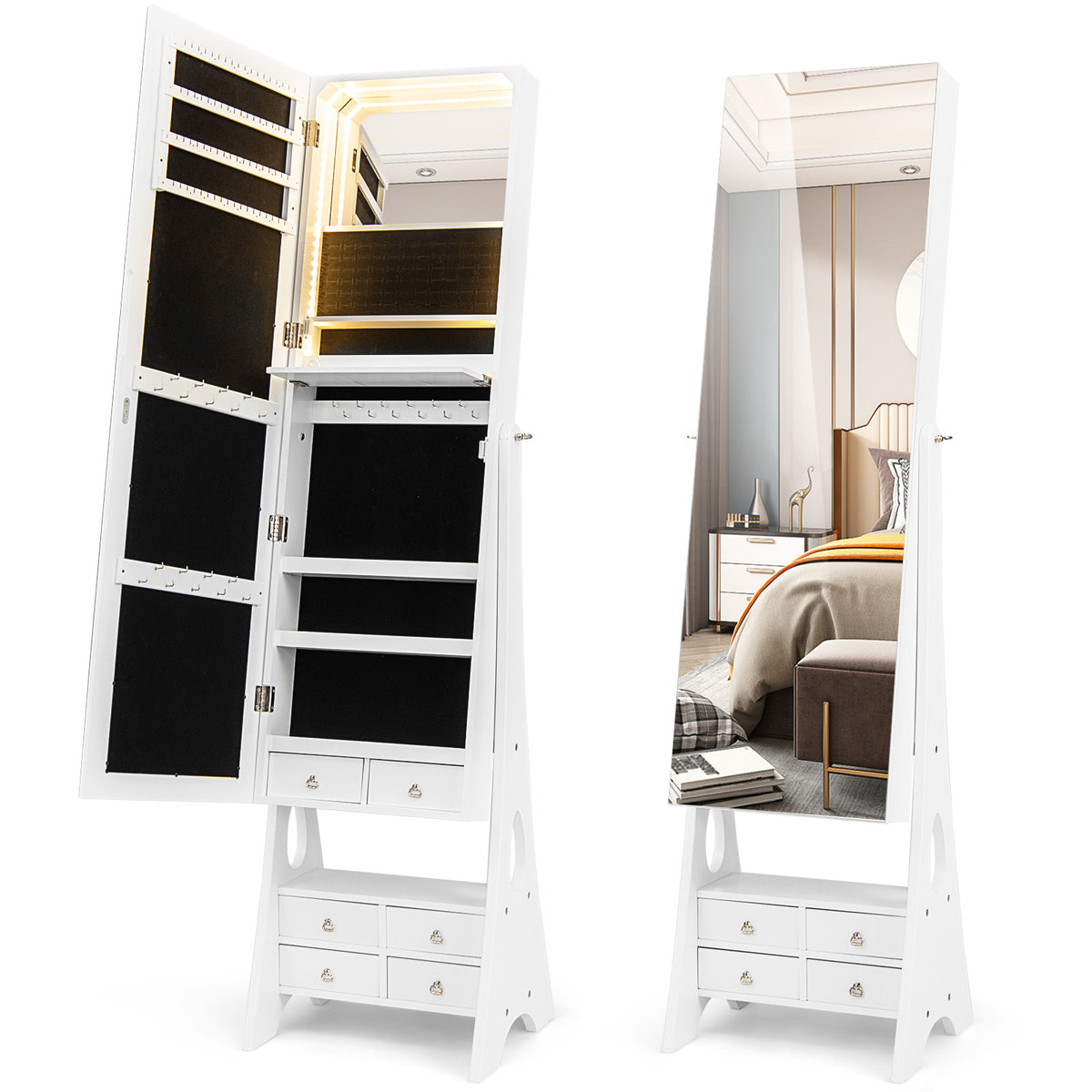 LED Jewelry Armoire with Mirror & Drawers – White