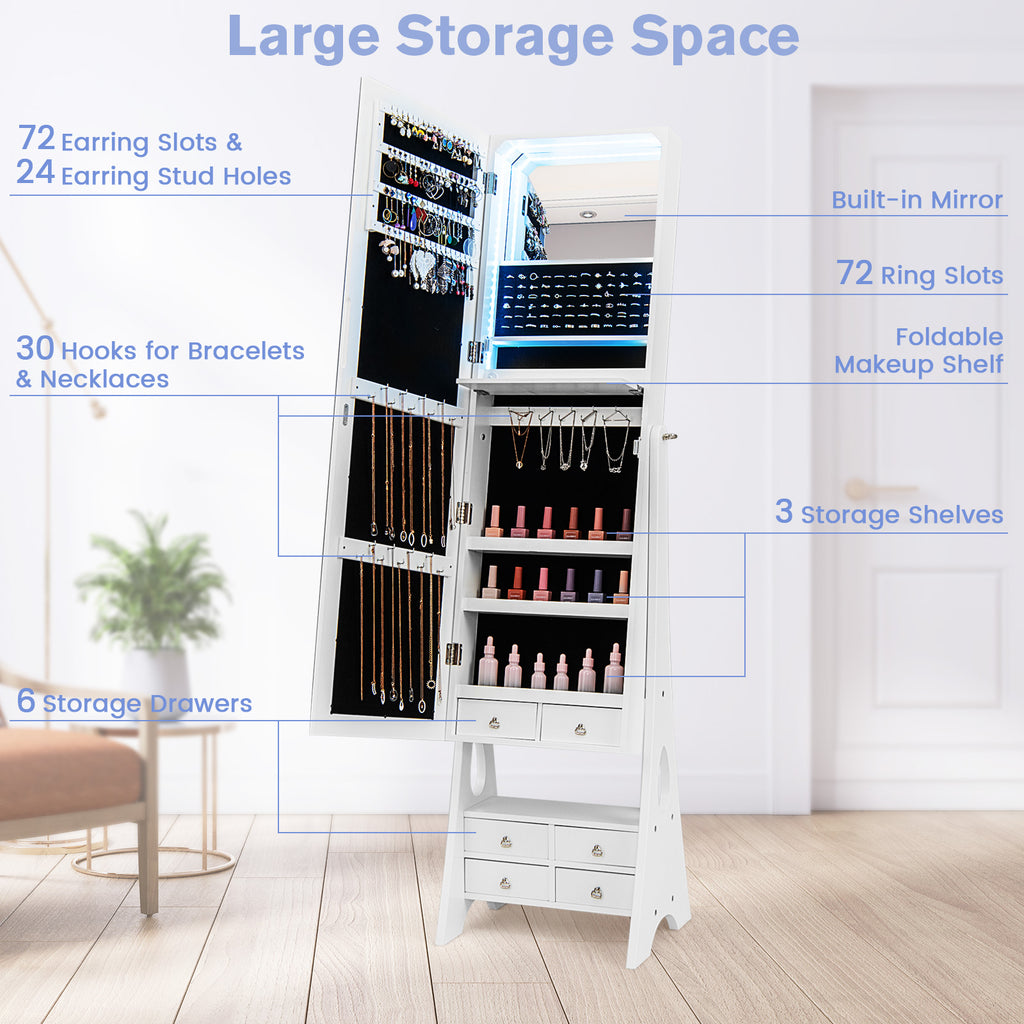 LED Jewelry Armoire with Mirror & Drawers – White