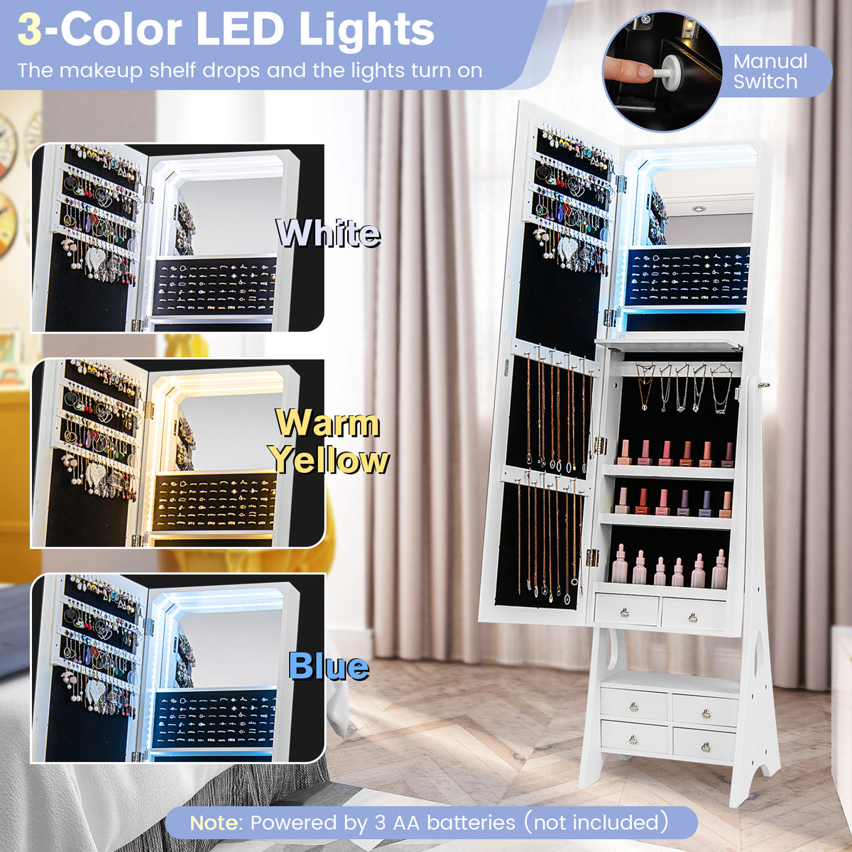 LED Jewelry Armoire with Mirror & Drawers – White