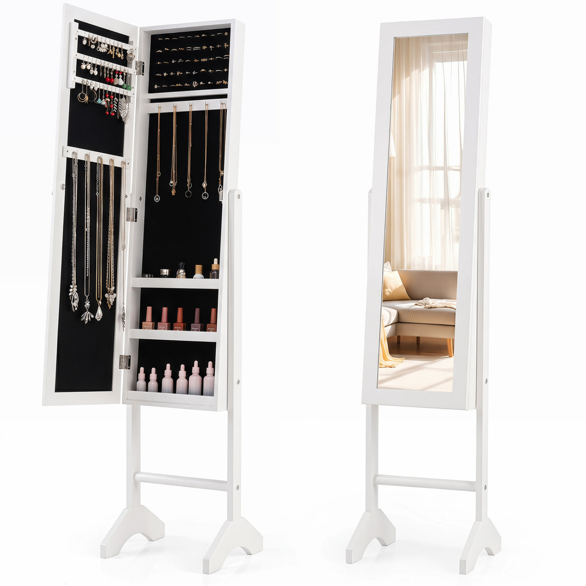 Freestanding Jewelry Armoire with Mirror - White