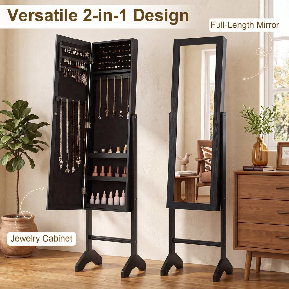 Freestanding Jewelry Armoire with Mirror - Black