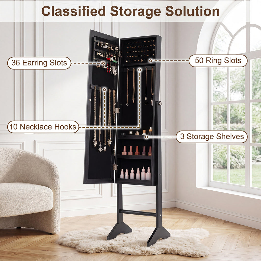 Freestanding Jewelry Armoire with Mirror - Black