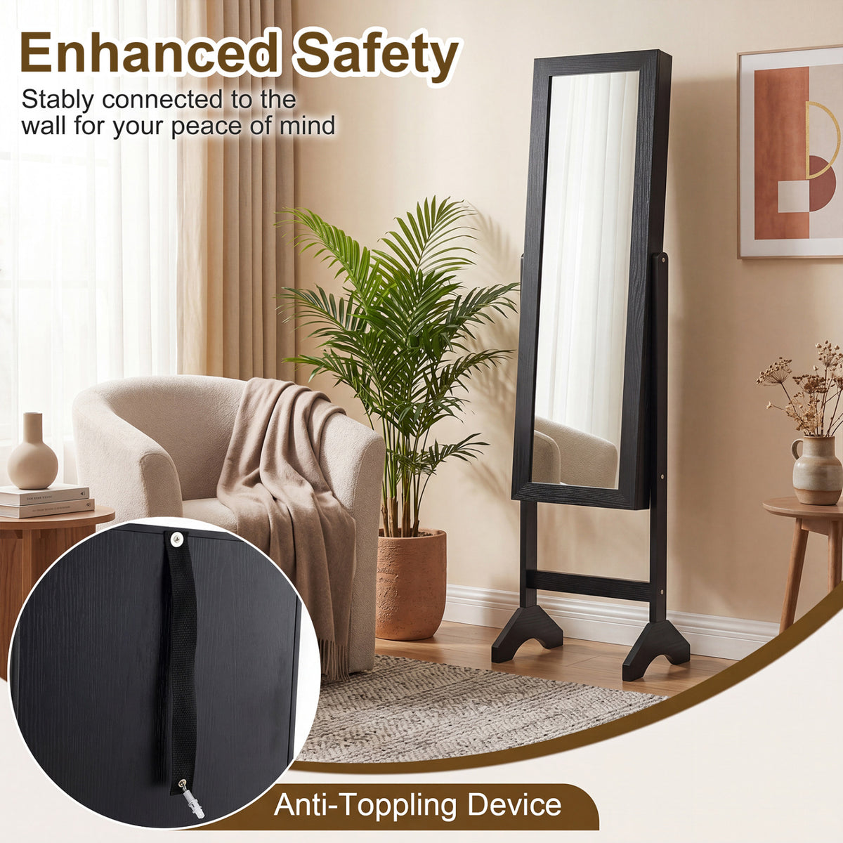 Freestanding Jewelry Armoire with Mirror - Black