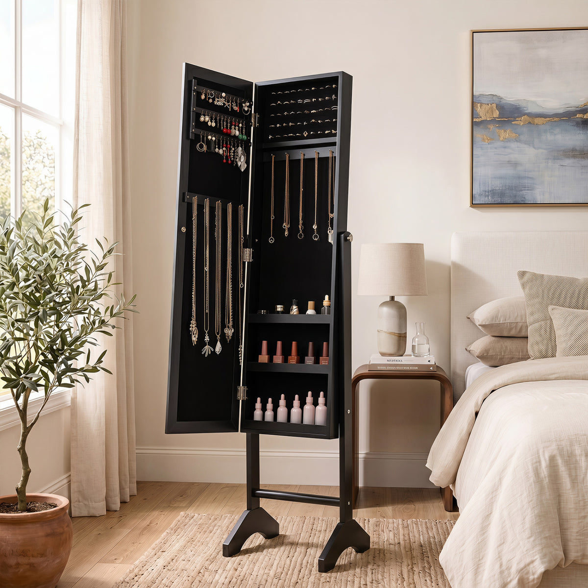 Freestanding Jewelry Armoire with Mirror - Black