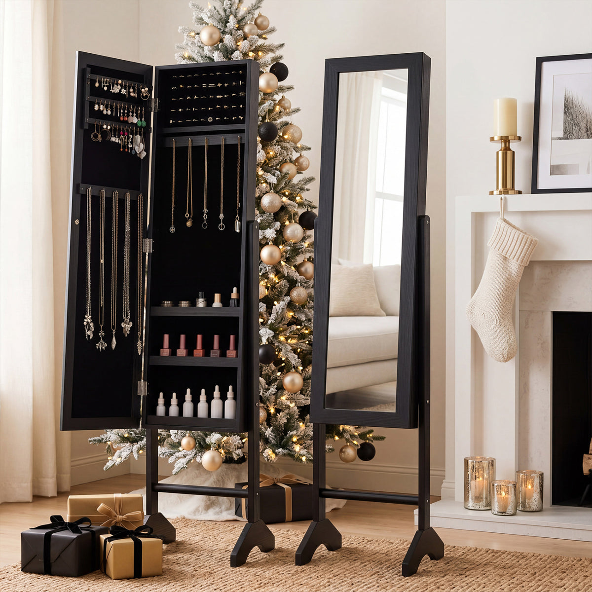 Freestanding Jewelry Armoire with Mirror - Black