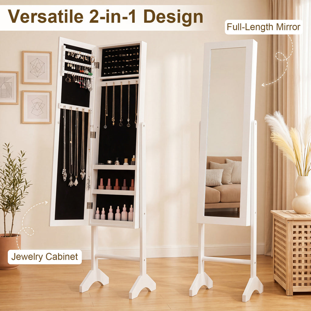 Freestanding Jewelry Armoire with Mirror - White