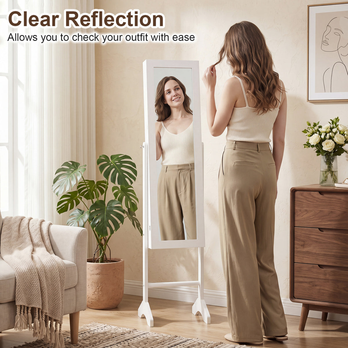 Freestanding Jewelry Armoire with Mirror - White