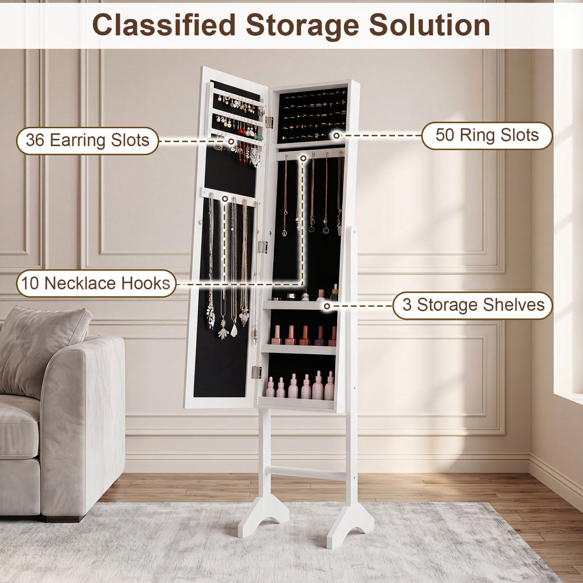 Freestanding Jewelry Armoire with Mirror - White