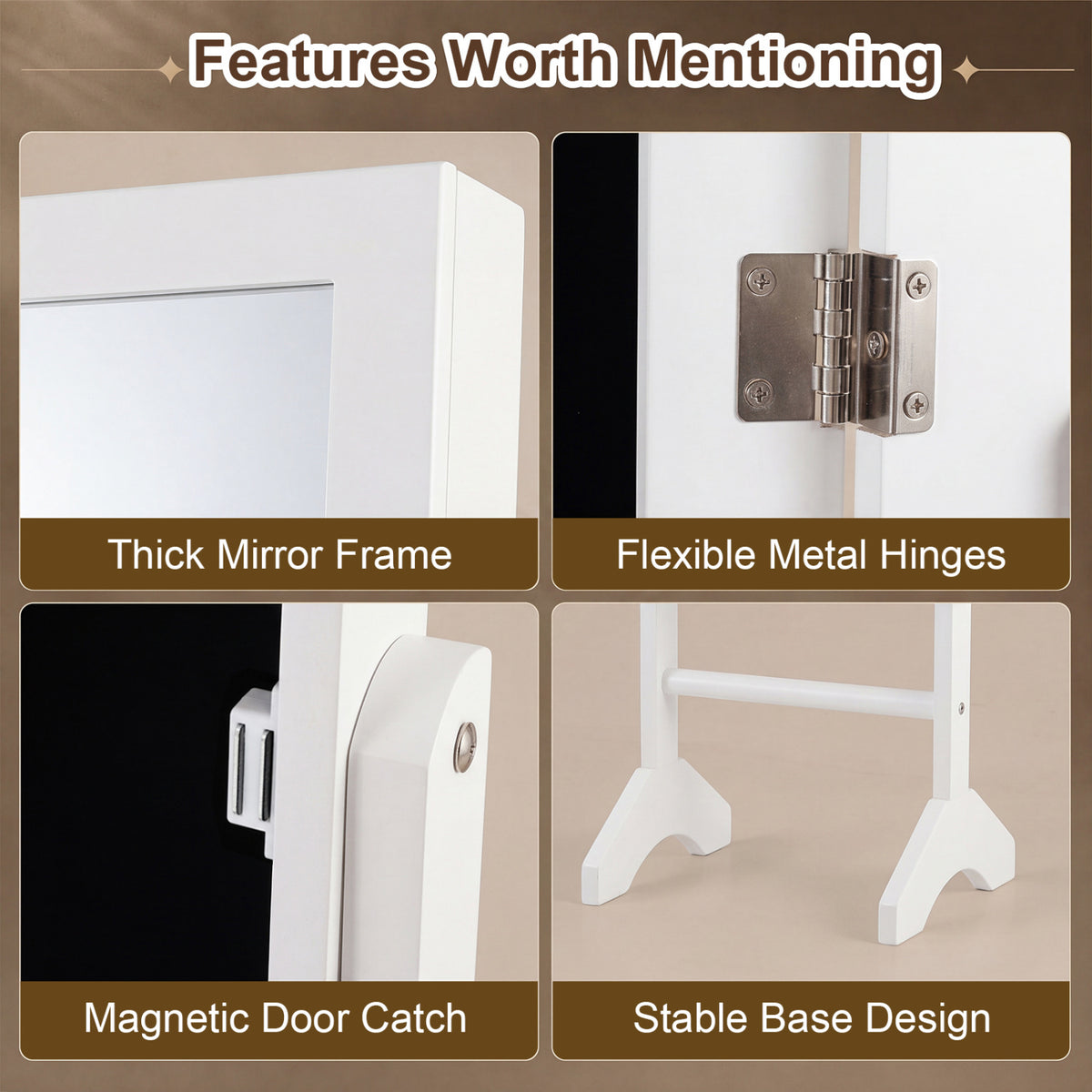 Freestanding Jewelry Armoire with Mirror - White