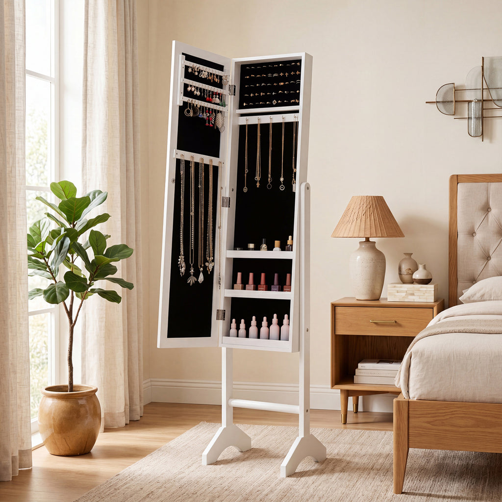 Freestanding Jewelry Armoire with Mirror - White