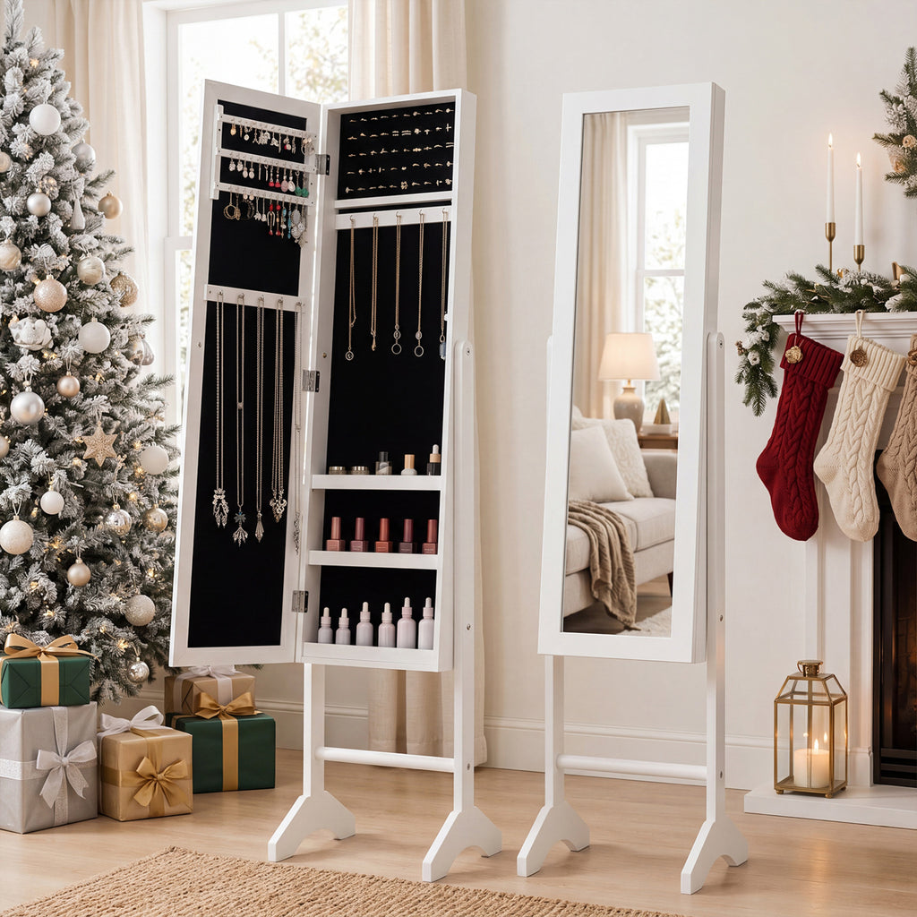 Freestanding Jewelry Armoire with Mirror - White