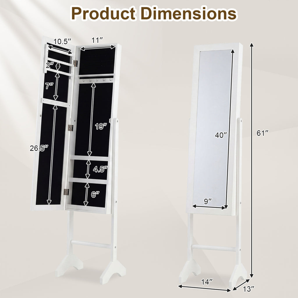 Freestanding Jewelry Armoire with Mirror - White