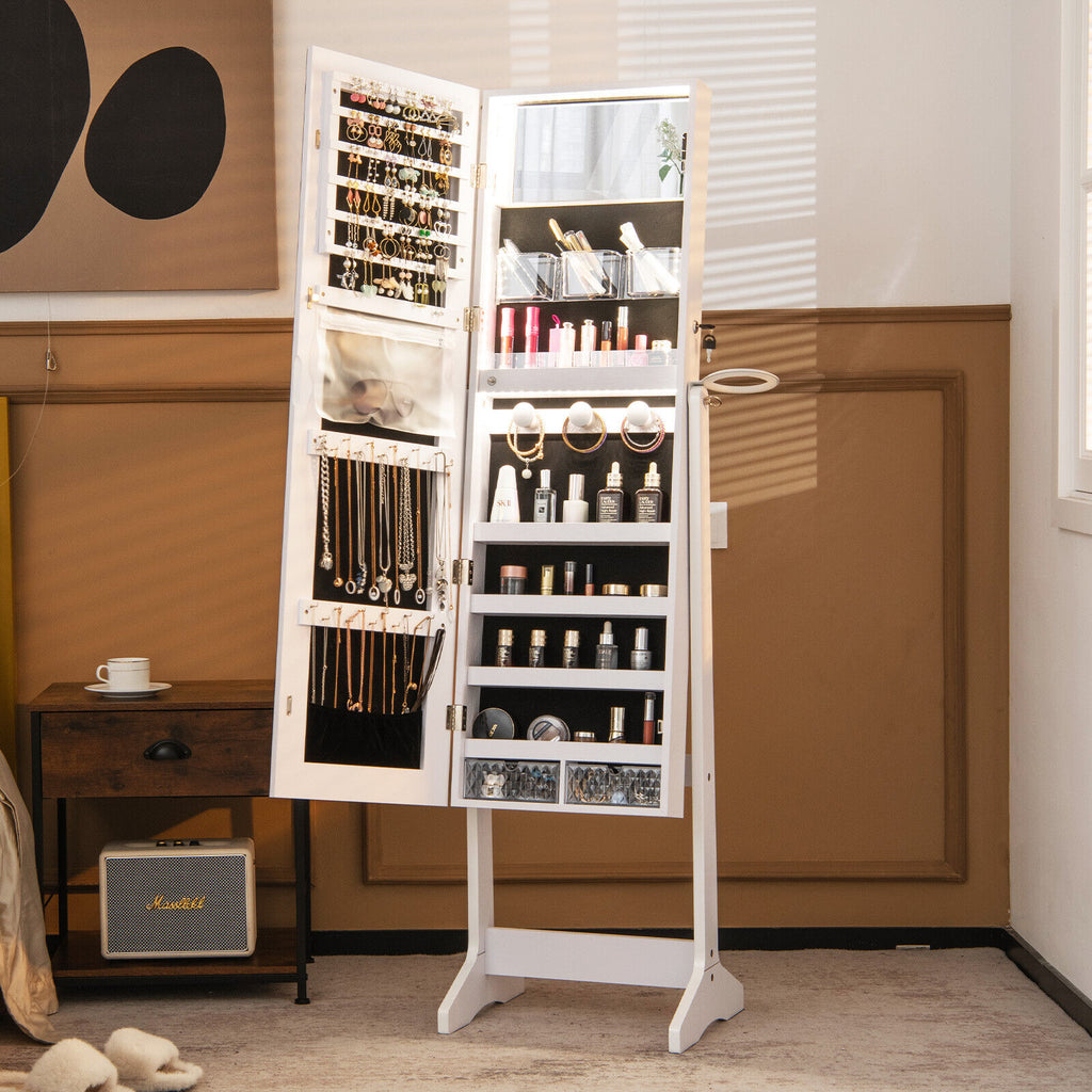 Freestanding Jewelry Cabinet with Full Length Mirror - White