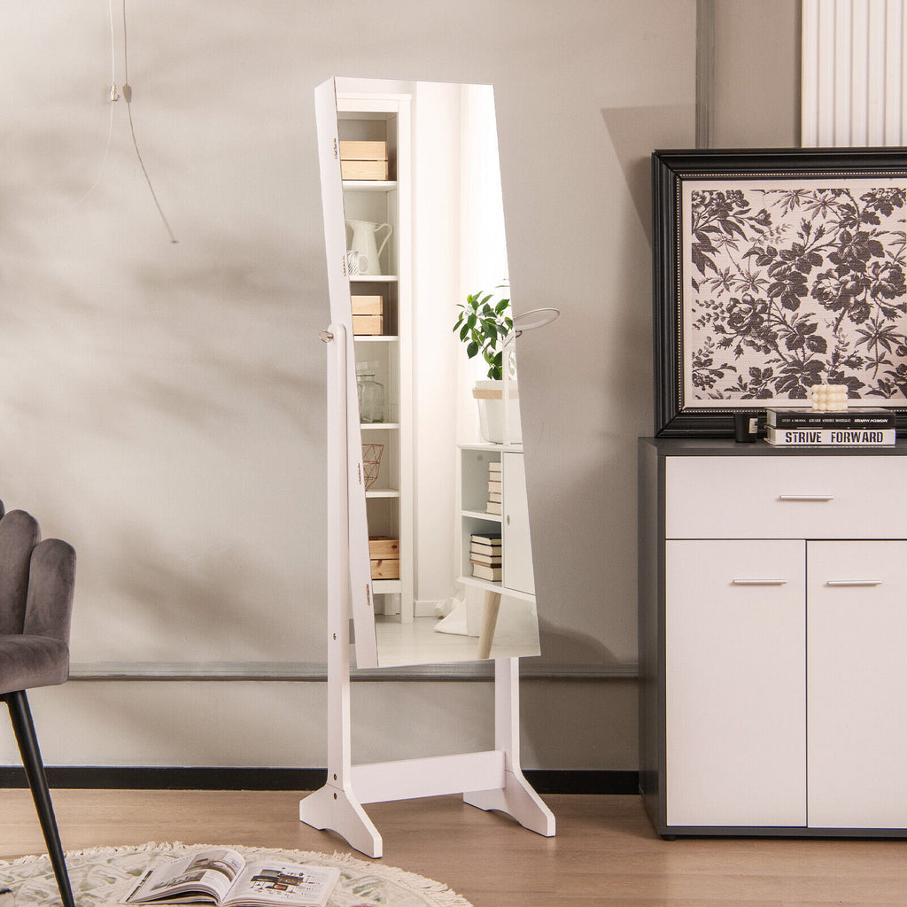 Freestanding Jewelry Cabinet with Full Length Mirror - White
