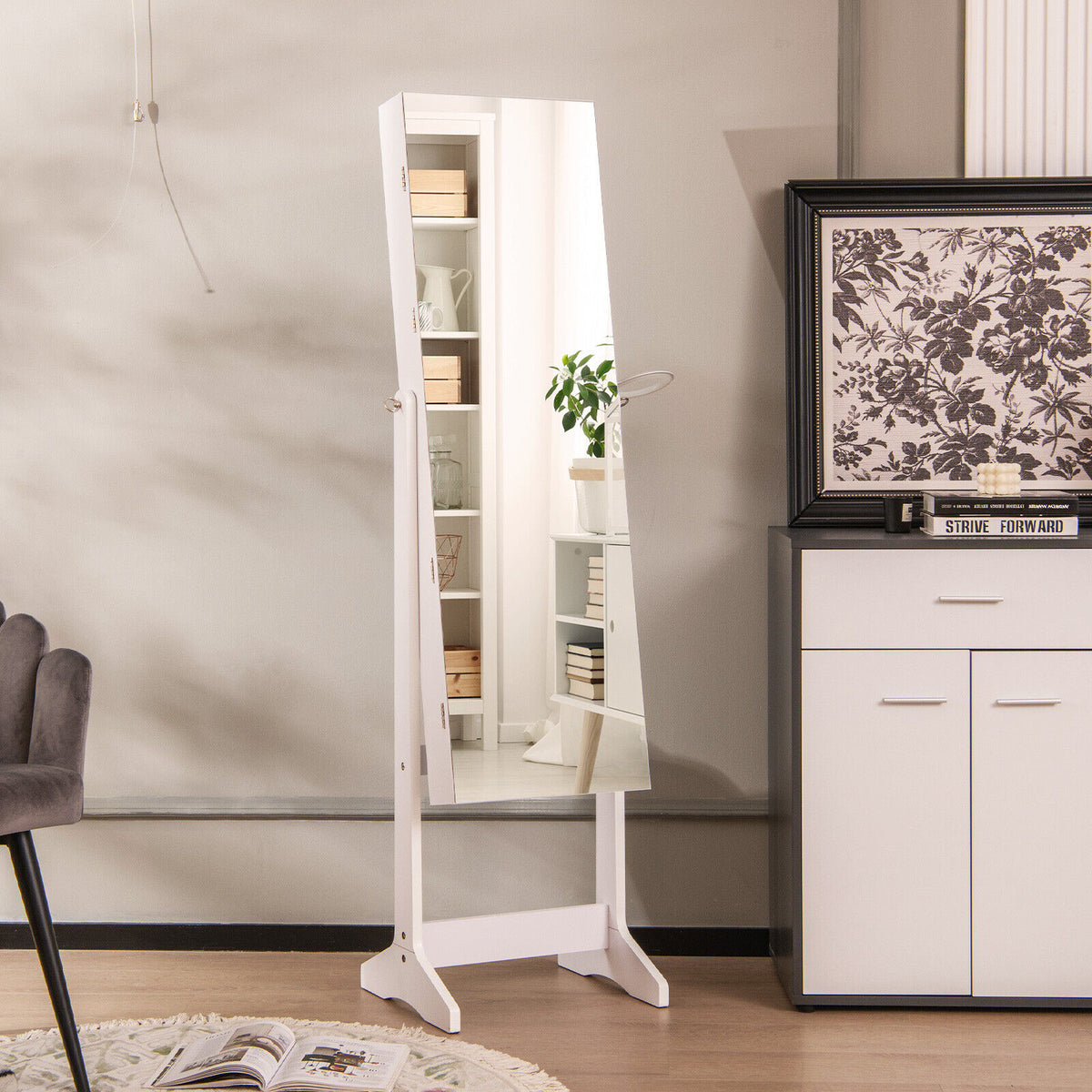 Freestanding Jewelry Cabinet with Full Length Mirror - White