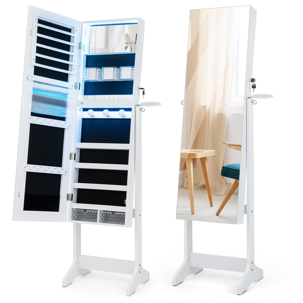 Freestanding Jewelry Cabinet with Full Length Mirror - White