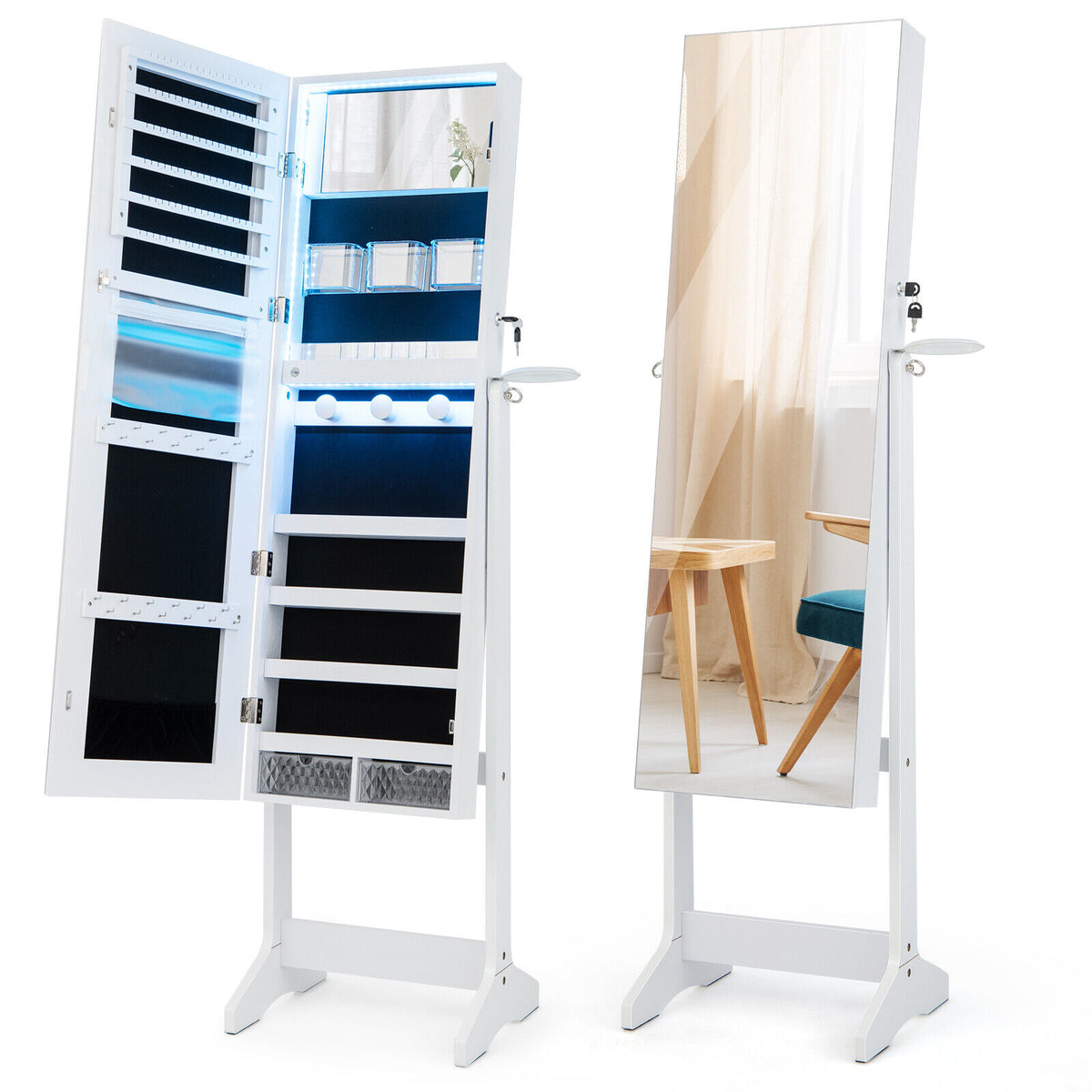 Freestanding Jewelry Cabinet with Full Length Mirror - White