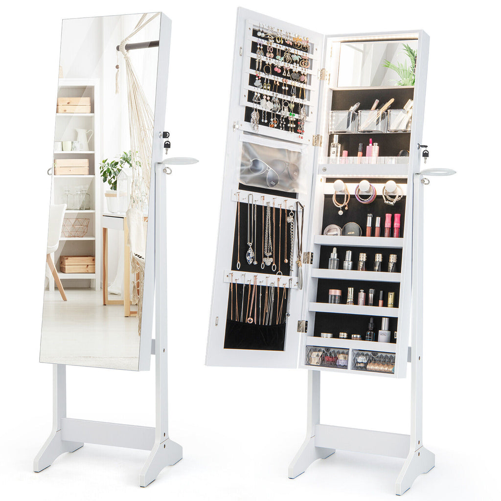 Freestanding Jewelry Cabinet with Full Length Mirror - White