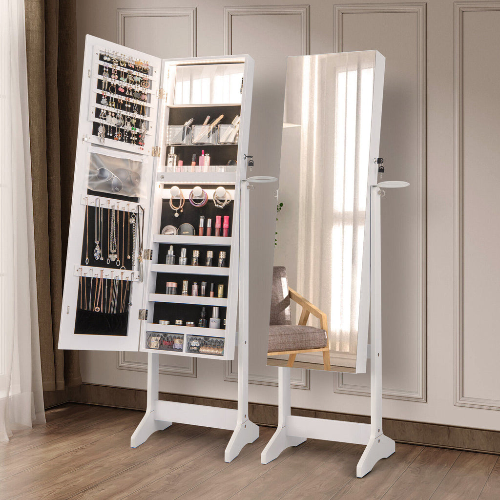 Freestanding Jewelry Cabinet with Full Length Mirror - White