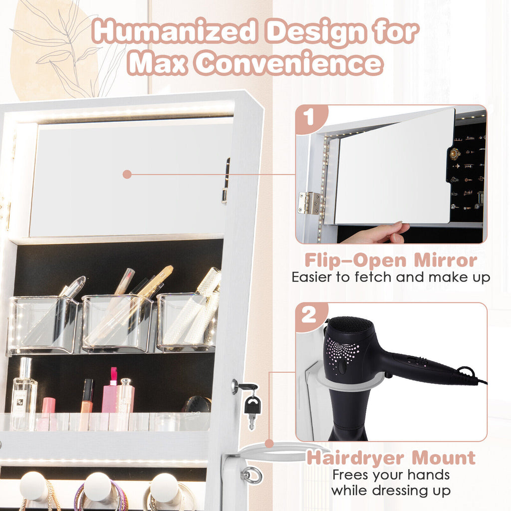 Freestanding Jewelry Cabinet with Full Length Mirror - White