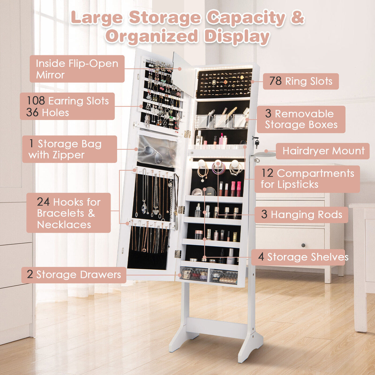 Freestanding Jewelry Cabinet with Full Length Mirror - White
