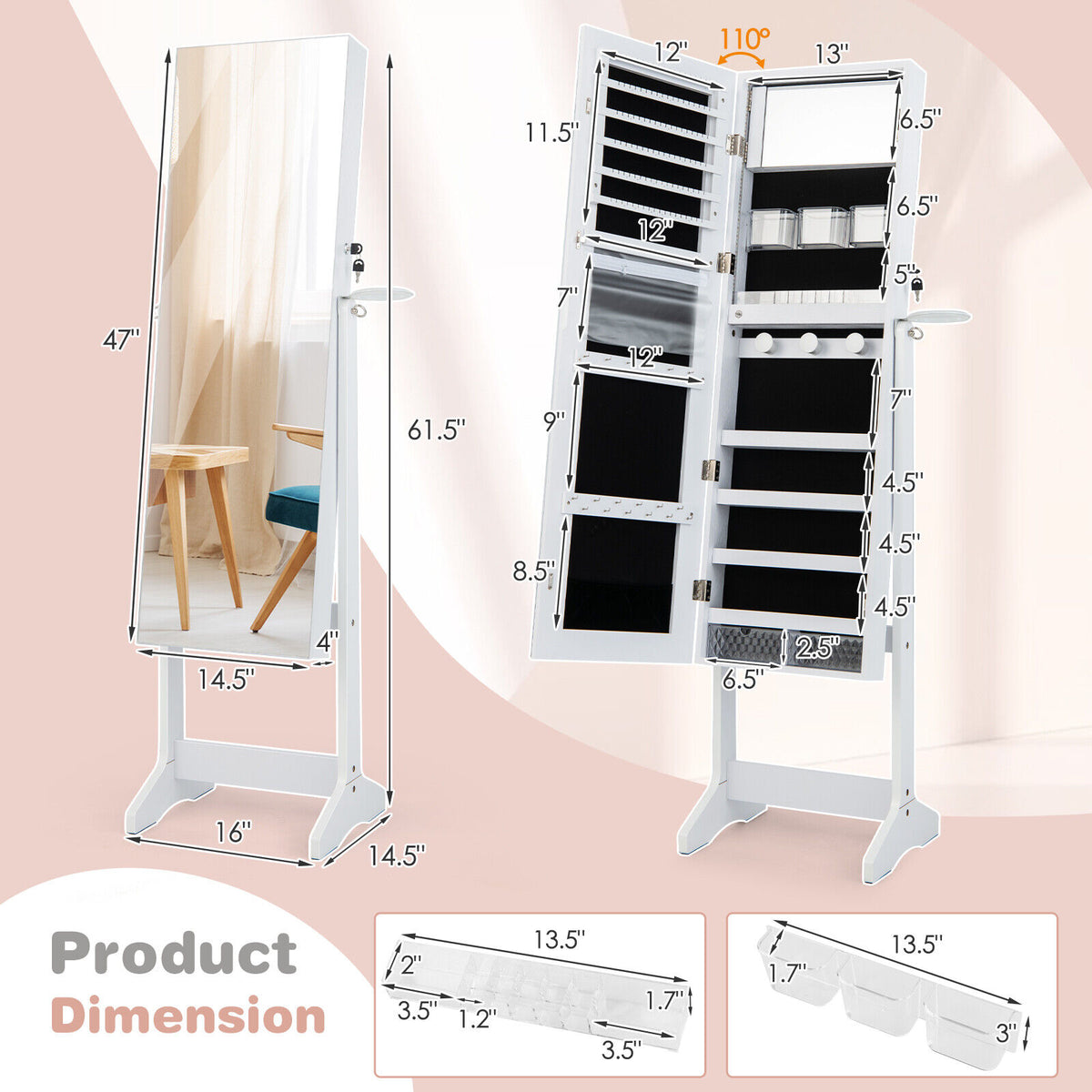Freestanding Jewelry Cabinet with Full Length Mirror - White