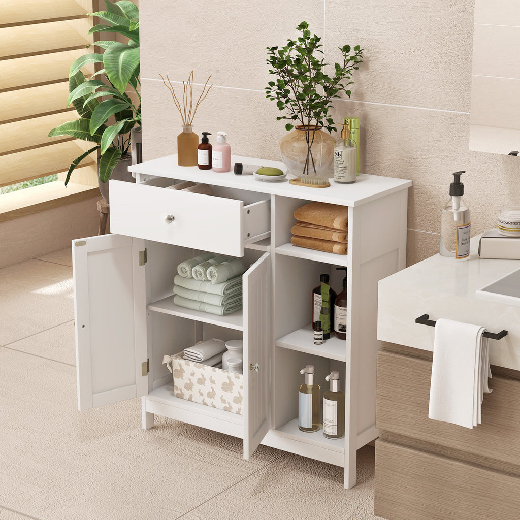 Bathroom Floor Cabinet with Drawer & Open Compartments, White, 31.5 Inch H
