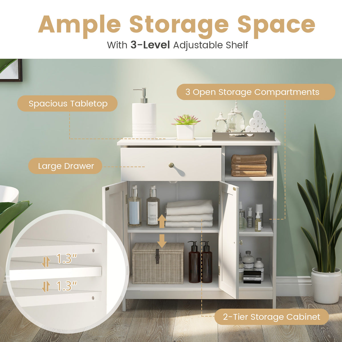 Bathroom Floor Cabinet with Drawer & Open Compartments, White, 31.5 Inch H