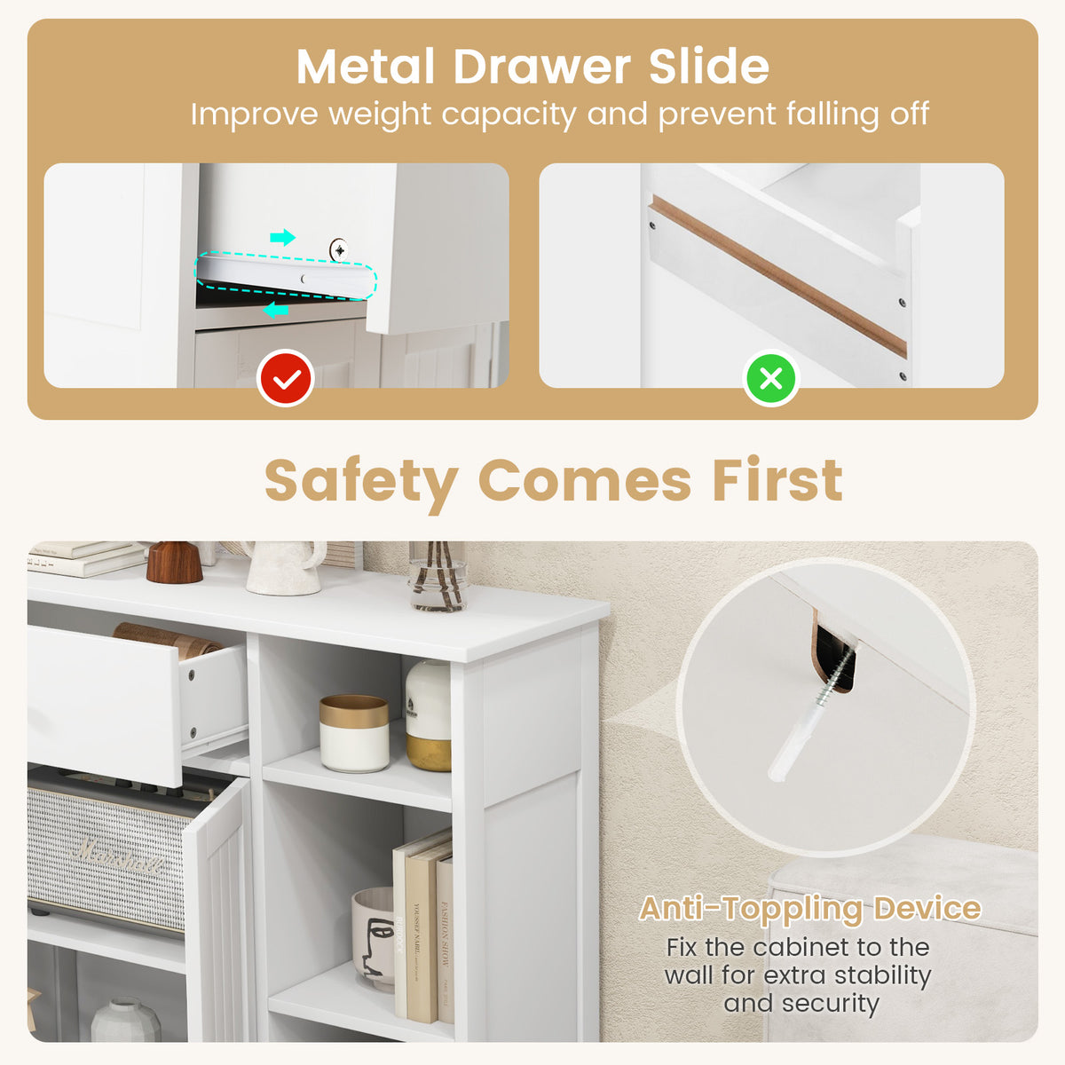 Bathroom Floor Cabinet with Drawer & Open Compartments, White, 31.5 Inch H