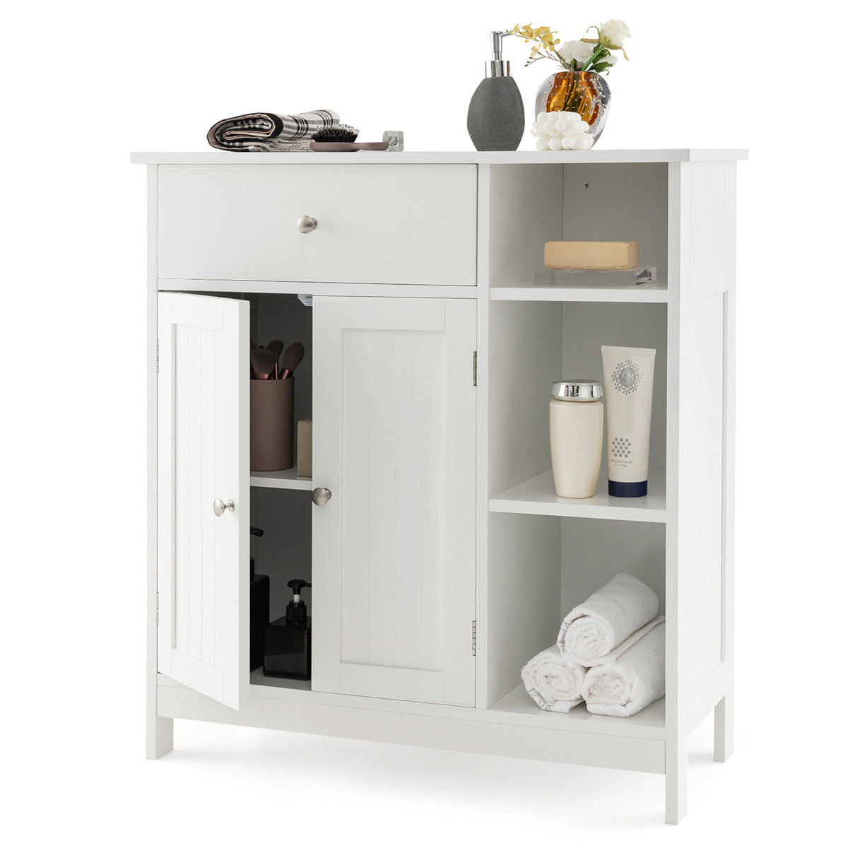 Bathroom Floor Cabinet with Drawer & Open Compartments, White, 31.5 Inch H
