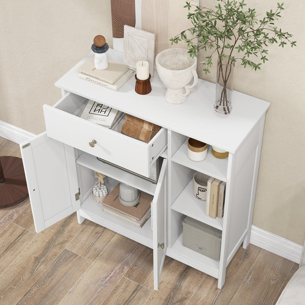 Bathroom Floor Cabinet with Drawer & Open Compartments, White, 31.5 Inch H