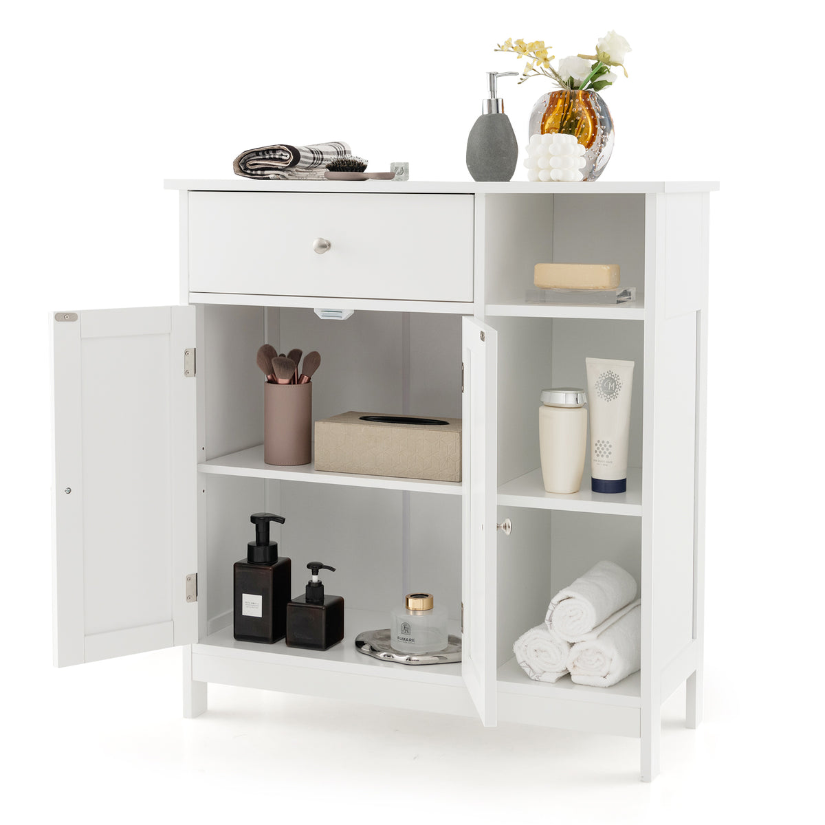 Bathroom Floor Cabinet with Drawer & Open Compartments, White, 31.5 Inch H
