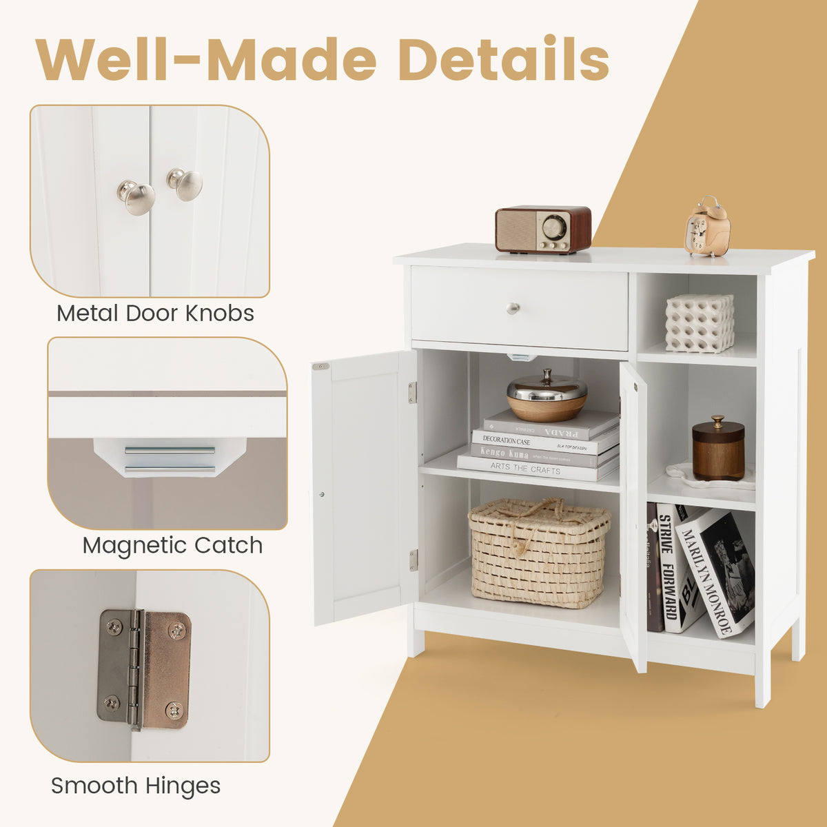 Bathroom Floor Cabinet with Drawer & Open Compartments, White, 31.5 Inch H