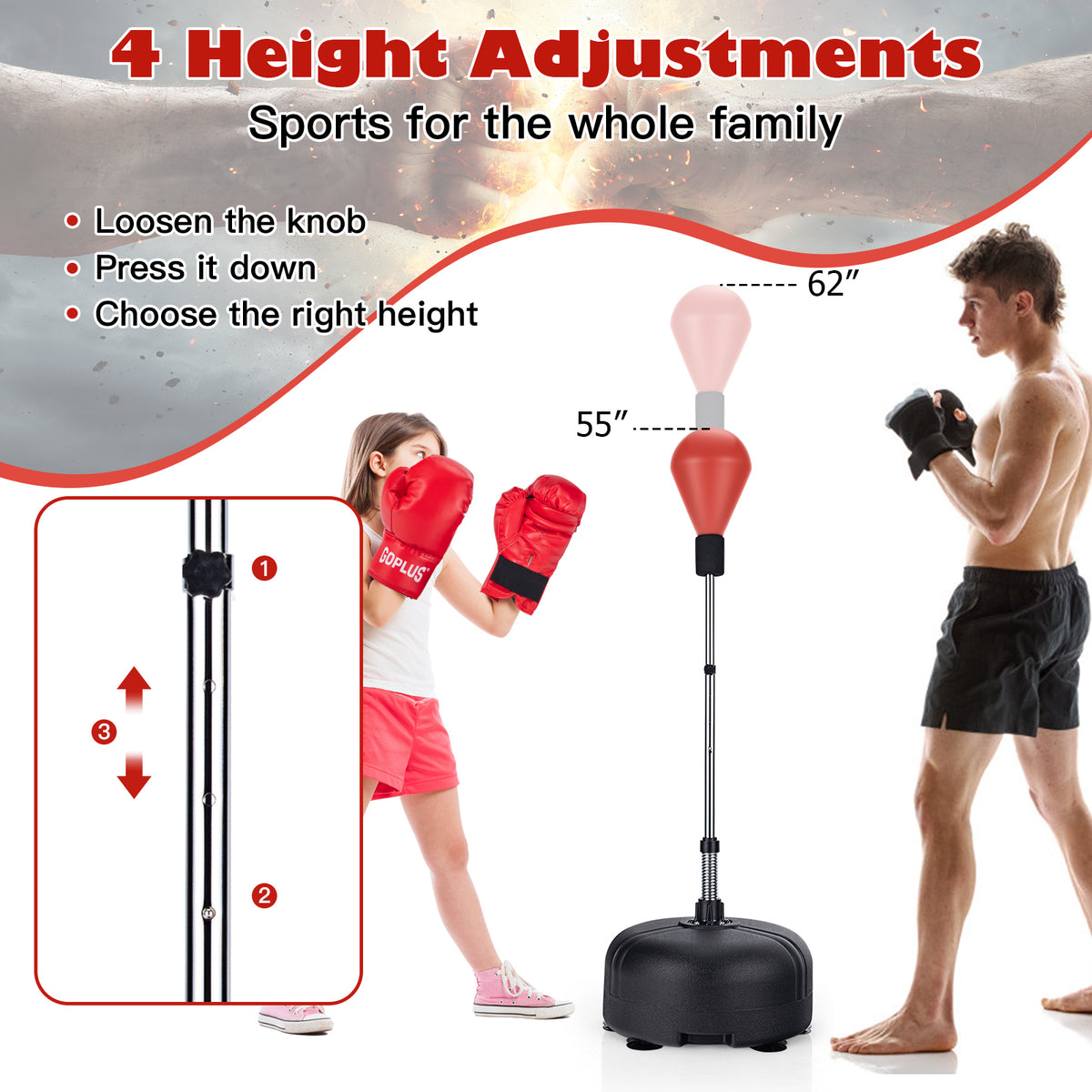Adjustable Freestanding Punching Bag with Fillable Base and Breathable Boxing Gloves - Red Variation