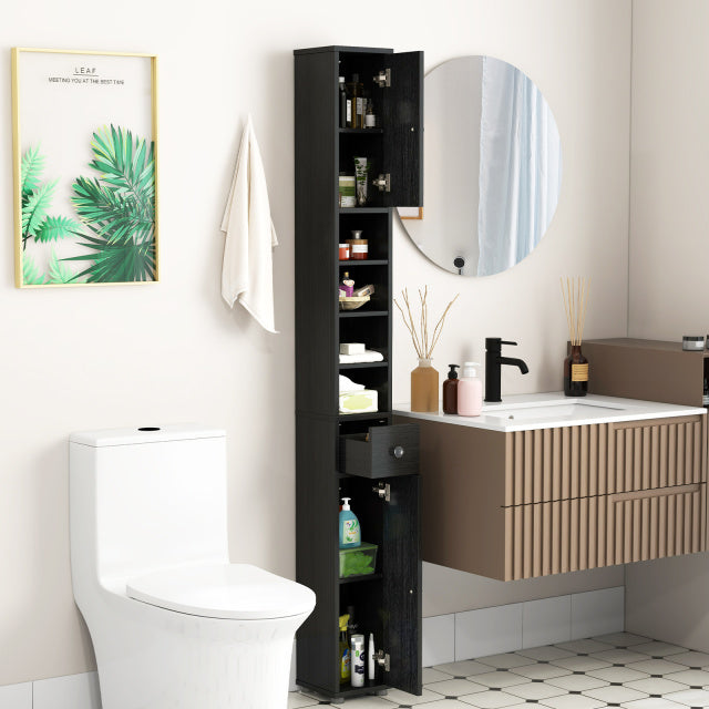Slim Bathroom Cabinet with Drawer and Adjustable Shelves, Brown