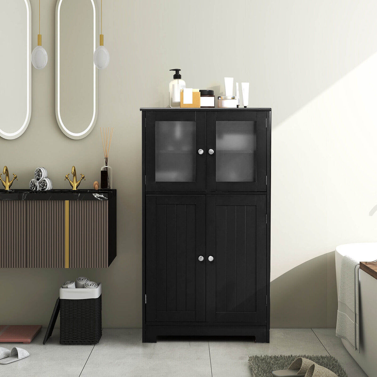 Bathroom Floor Storage Cabinet with Glass Doors and Adjustable Shelf