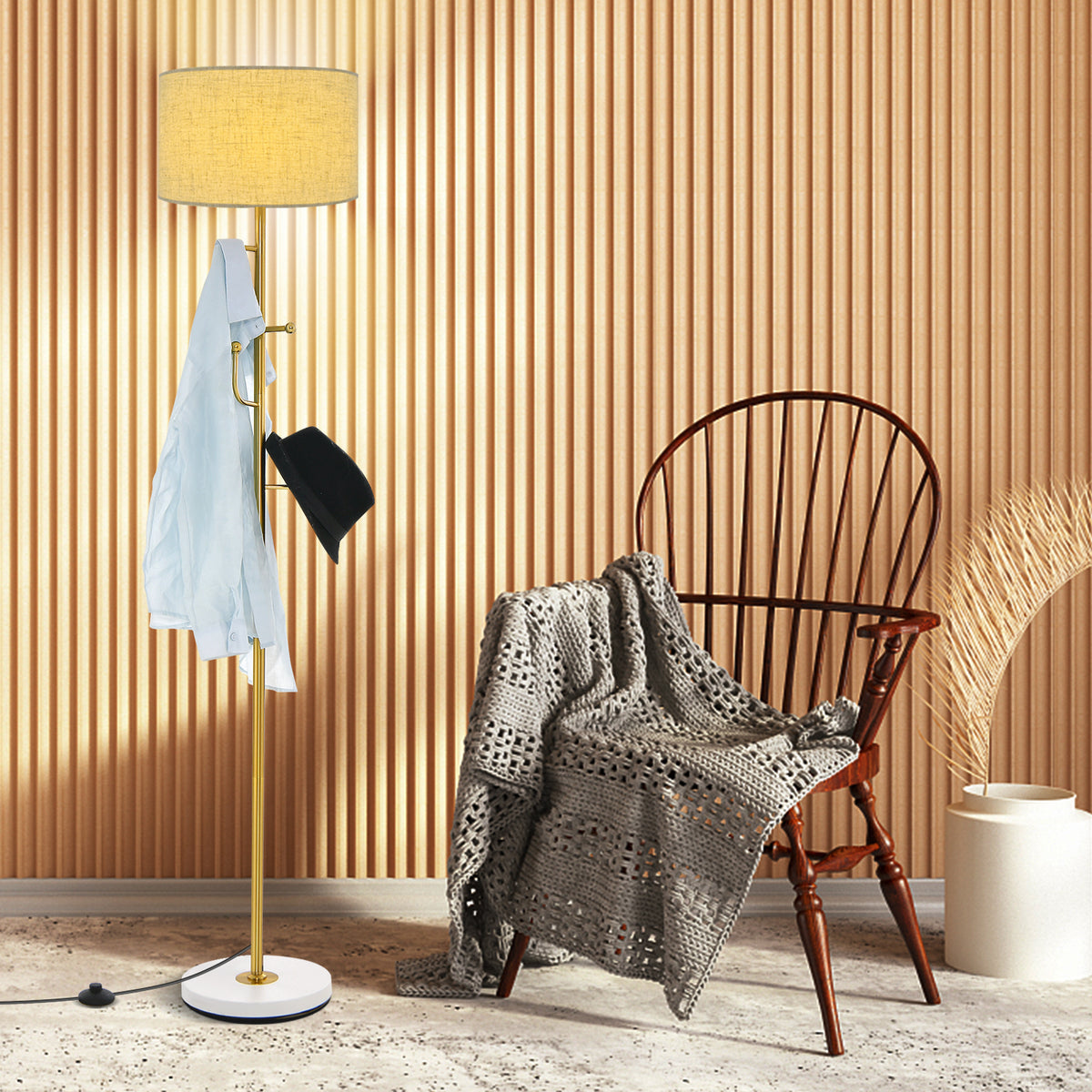Freestanding Tall Pole Lamp with 5 Hooks and Sturdy Base for Entryway and Living Room